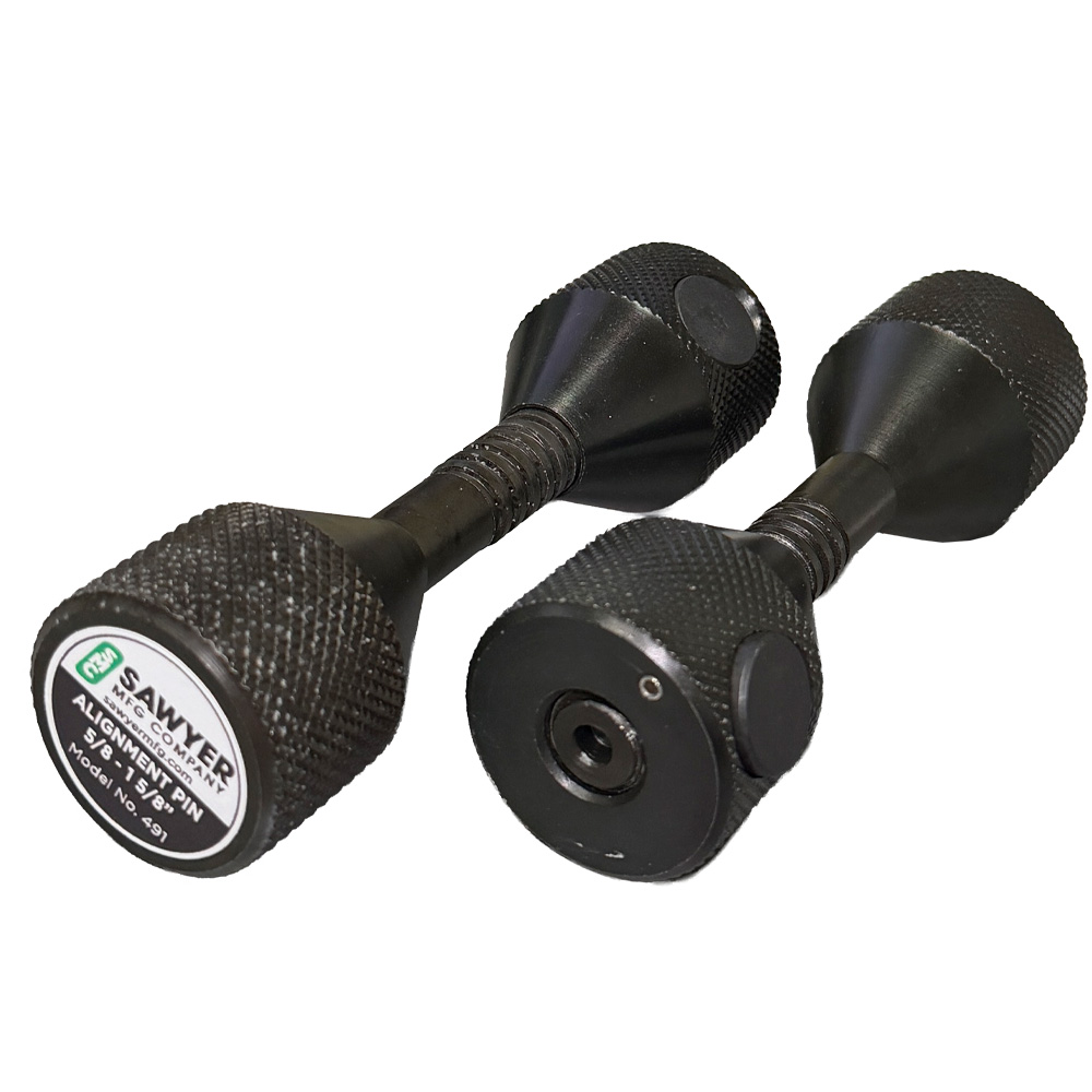 Two Sawyer Quick Action Flange Alignment Pins positioned at an angle to show both ends and adjustment components.