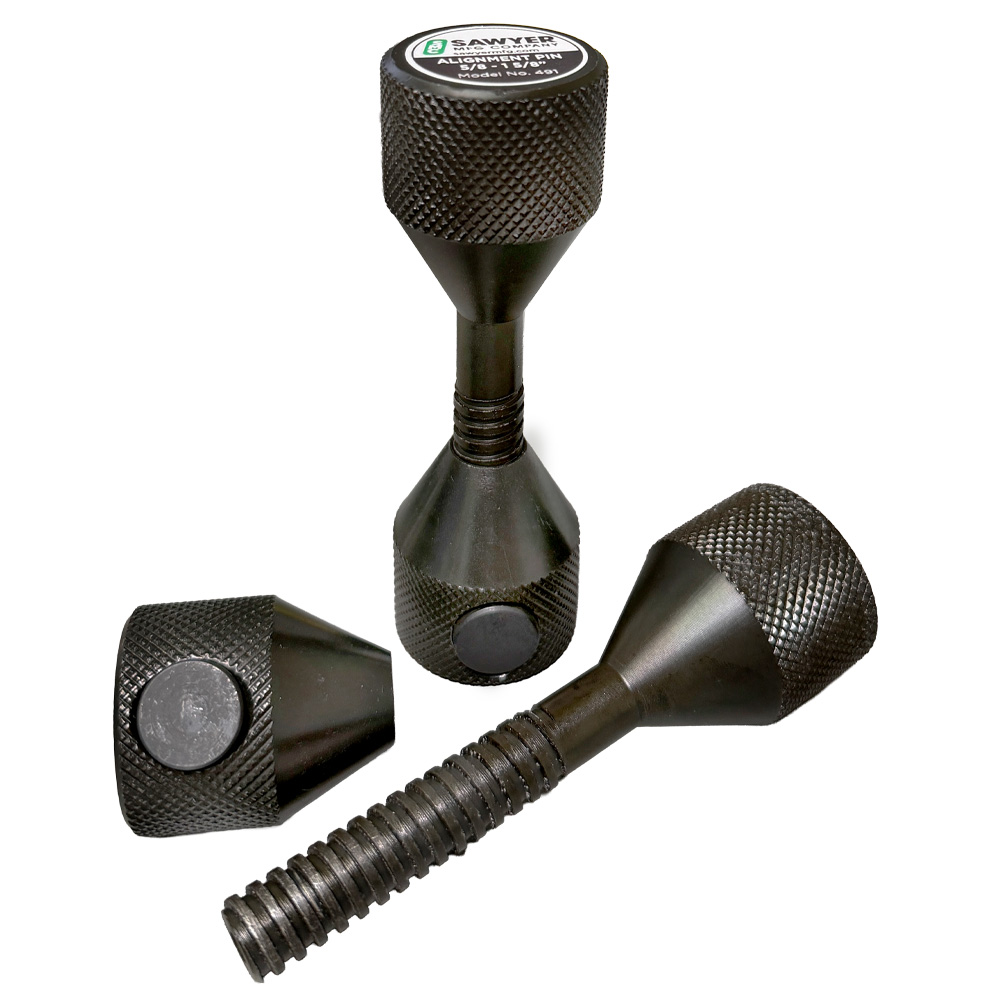 Sawyer Quick Action Flange Alignment Pins arranged to show the tapered bodies, threaded shafts, and knurled knobs.
